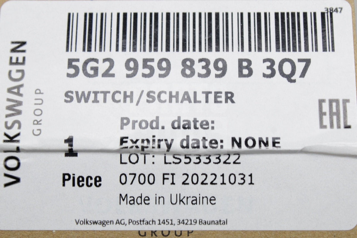 VW Golf MK7 MK7.5 T-Roc RHD engine start/stop switch 5G2959839B 3Q7