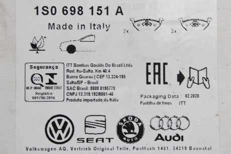 VW Up Skoda Citigo SEAT Mii 2012-Onward front brake pads 1S0698151A