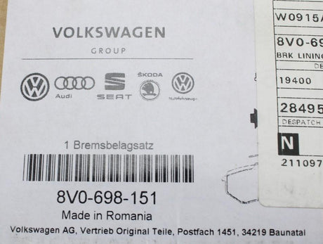 VW Golf MK7 Passat Audi A3 TT front brake pads set 288x25mm 8V0698151