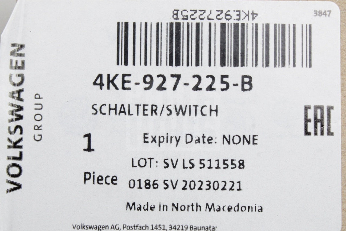 Audi A3 S3 2022-on Skoda Superb 2024-on electronic handbrake switch 4KE927225B