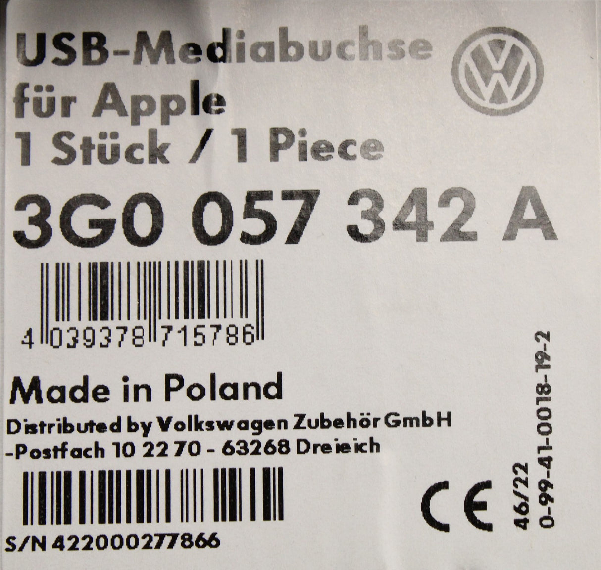 VW Golf MK7 CC Passat Beetle Apple USB connection retrofit kit 3G0057342