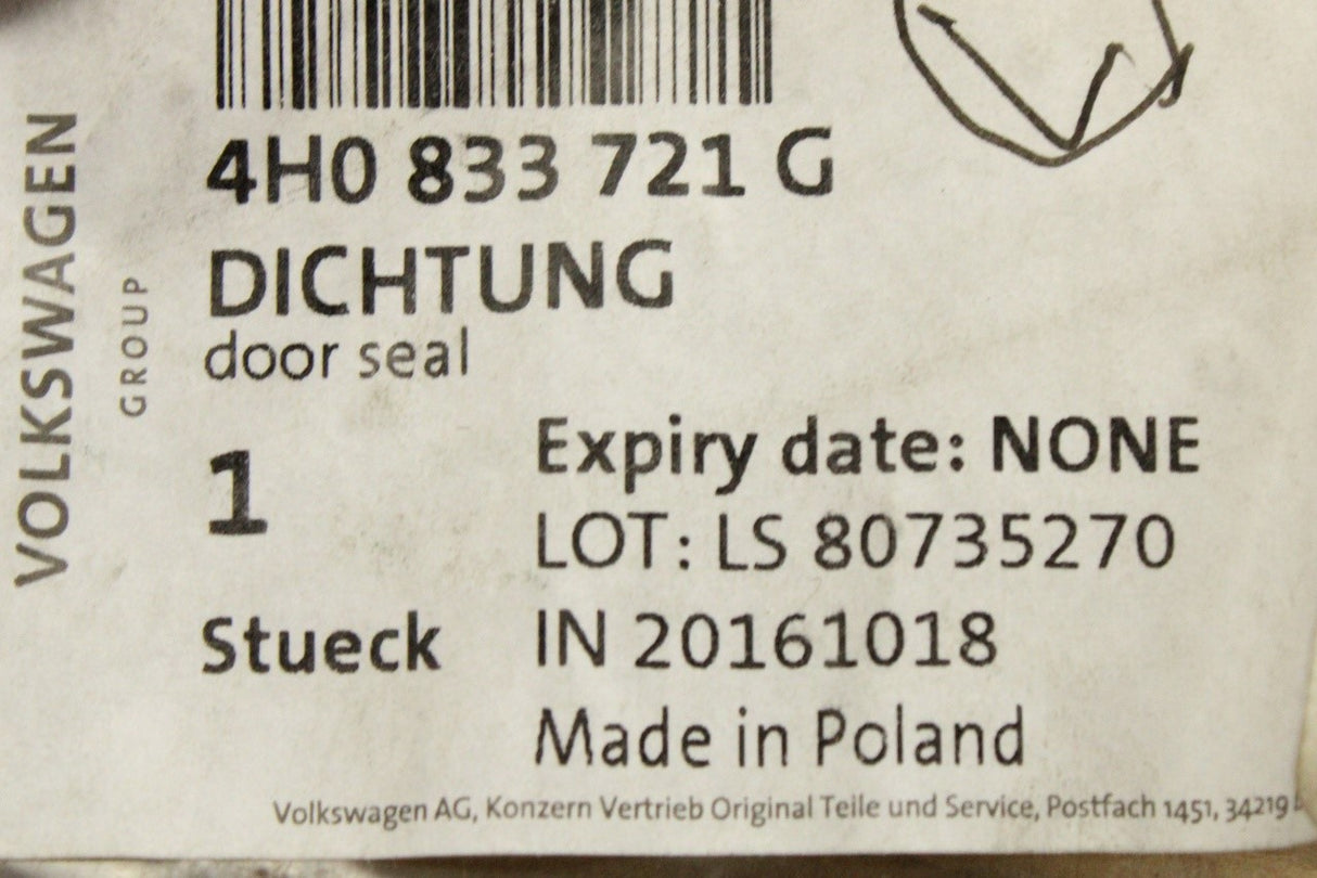 Audi A8 S8 2010-17 rear door seal (inner left/right) 4H0833721G