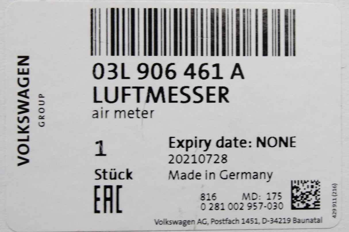 VW Audi Skoda SEAT 2.0 TDI mass air flow meter sensor 03L906461A