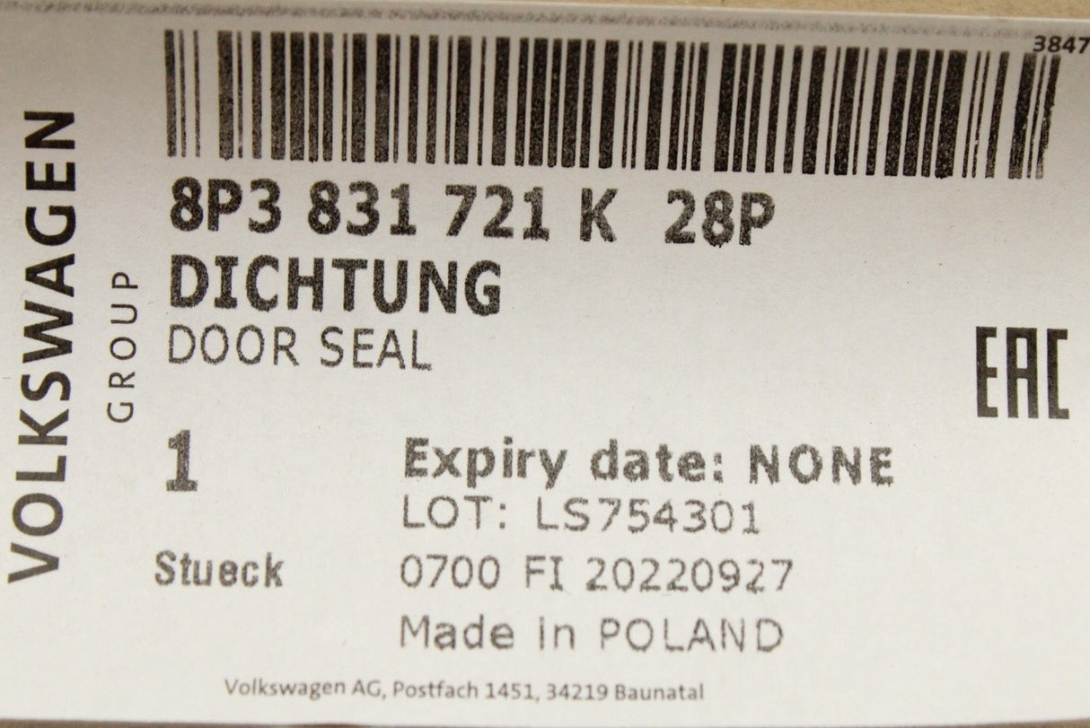 Audi A3 S3 8P 04-13 3-door inner door seal (left/right) 8P3831721K 28P