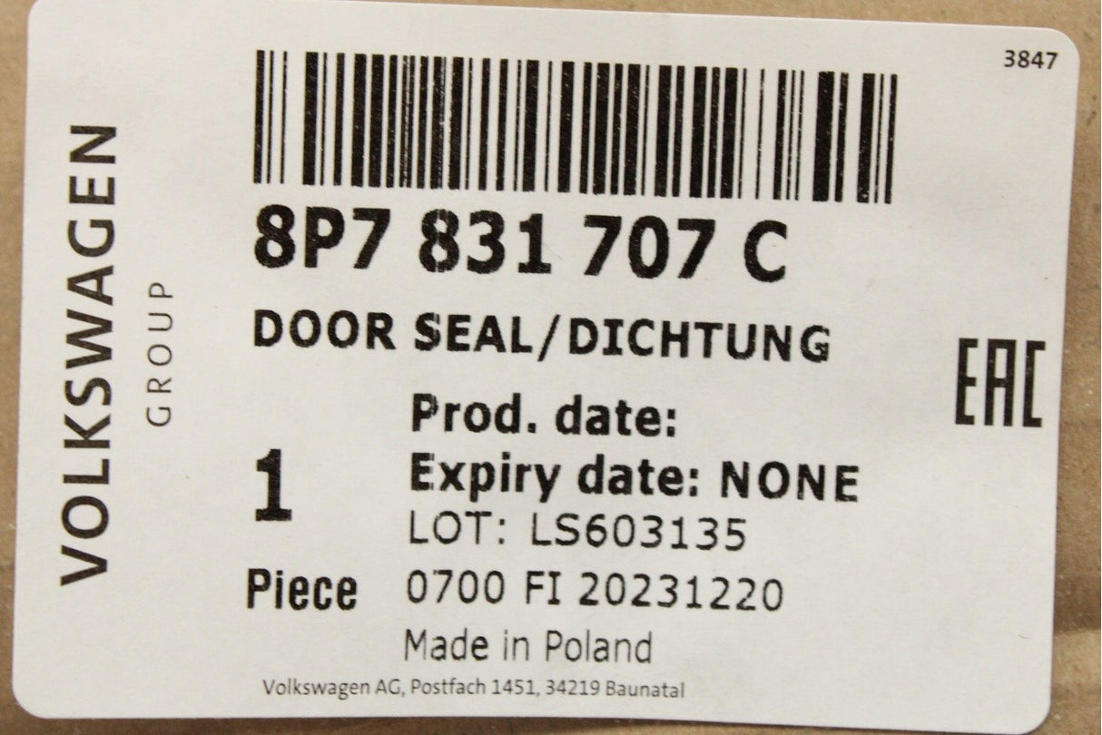 Audi A3 Cabriolet 8P 08-13 inner front door seal (left/right) 8P7831707C