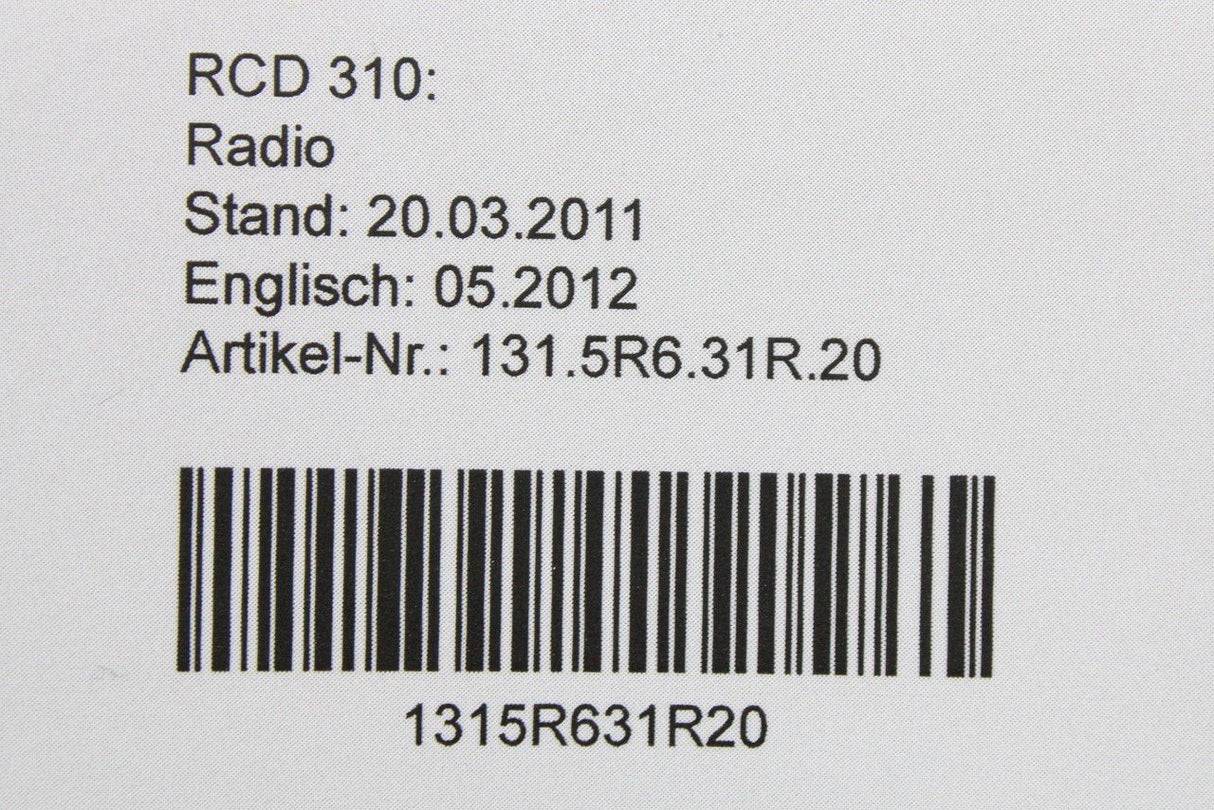 VW RCD 310 Radio operators instruction manual 1315R631R20
