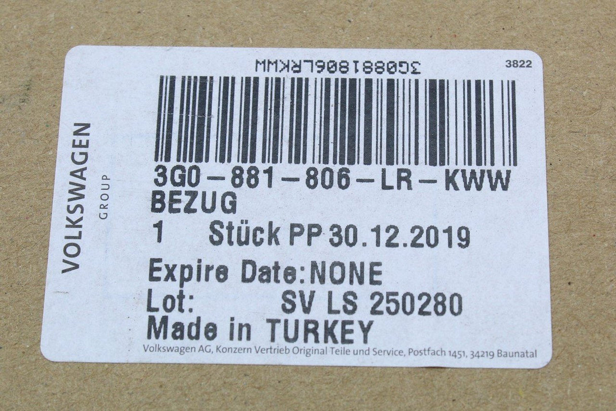 VW Passat B8 2015- Front right drivers seat backrest cover 3G0881806LR KWW