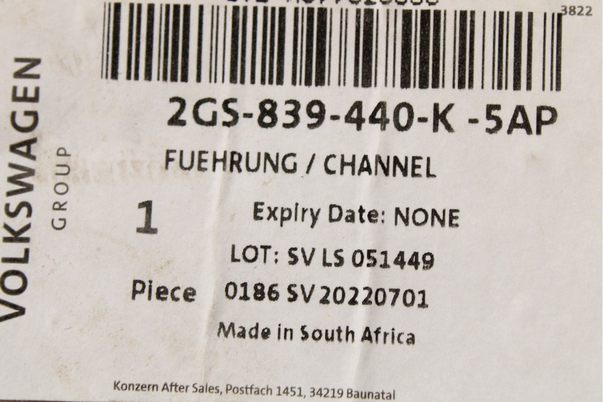 VW Polo AW 2018-on window guide seal (rear right) 2GS839440K 5AP