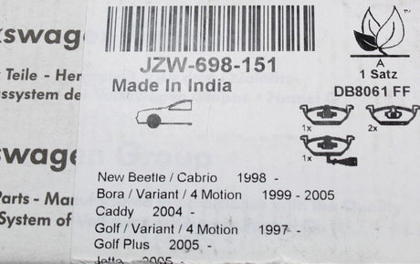VW Golf MK4 MK5 MK6 Leon Octavia brake pads 280x22mm (front) JZW698151