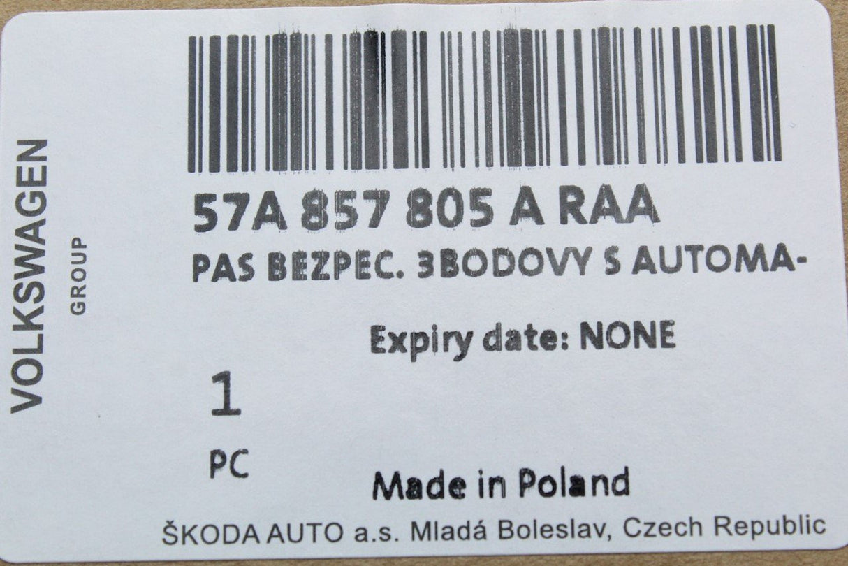 Skoda Karoq 2018- Rear three point seat belt with tensioner 57A857805A RAA