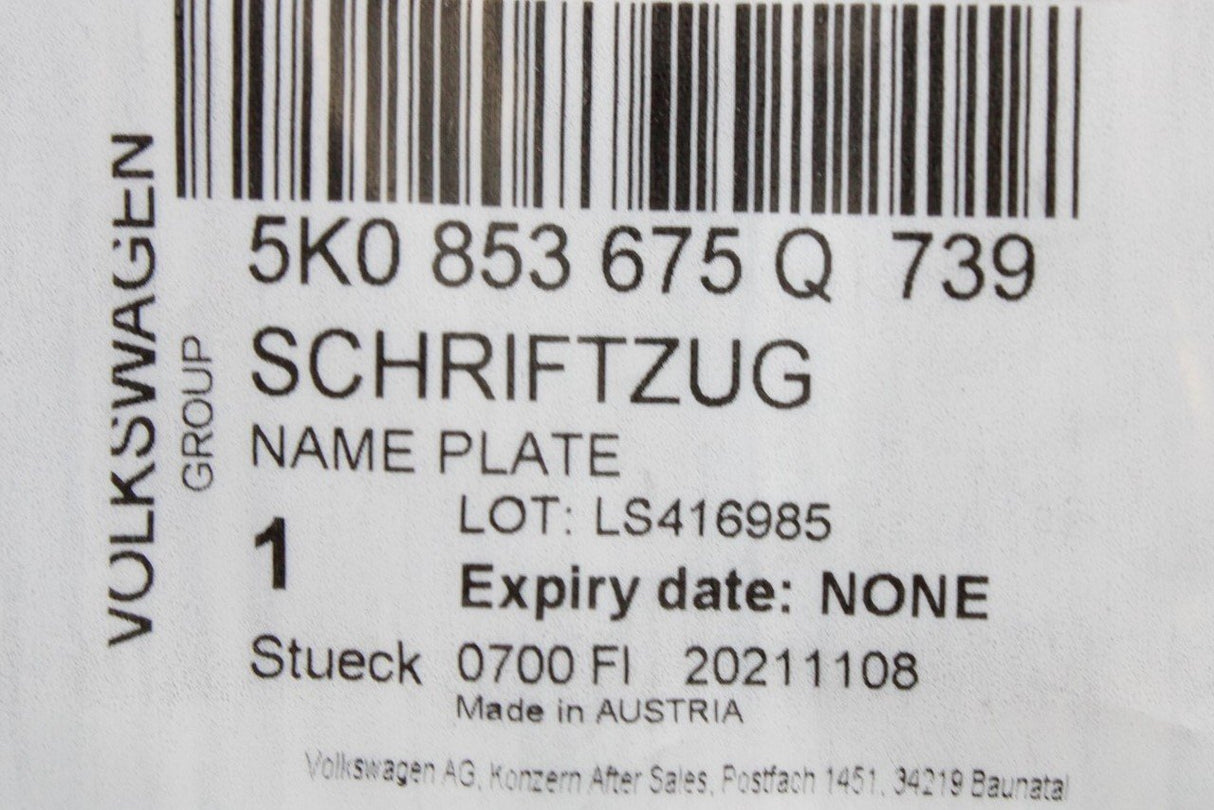 VW Golf MK6 Caddy Eos Tiguan 2.0 TDI rear lettering badge 5K0853675Q 739