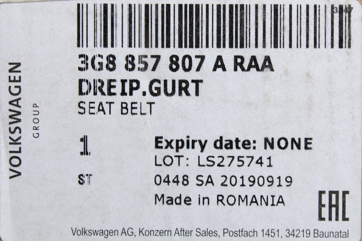 VW Arteon 2017-on centre rear seat belt 3G8857807A RAA