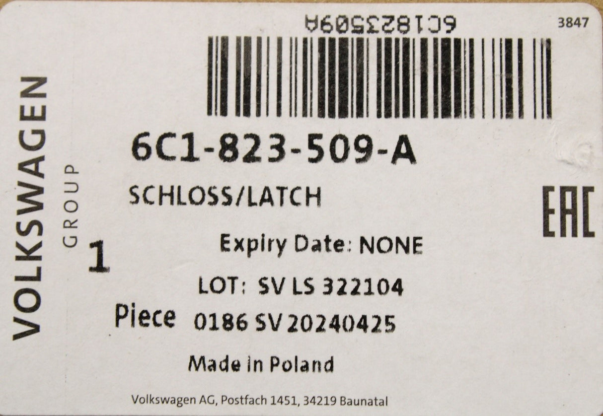 VW Polo 6C 2015-2018 LHD bonnet lock (lower) 6C1823509A
