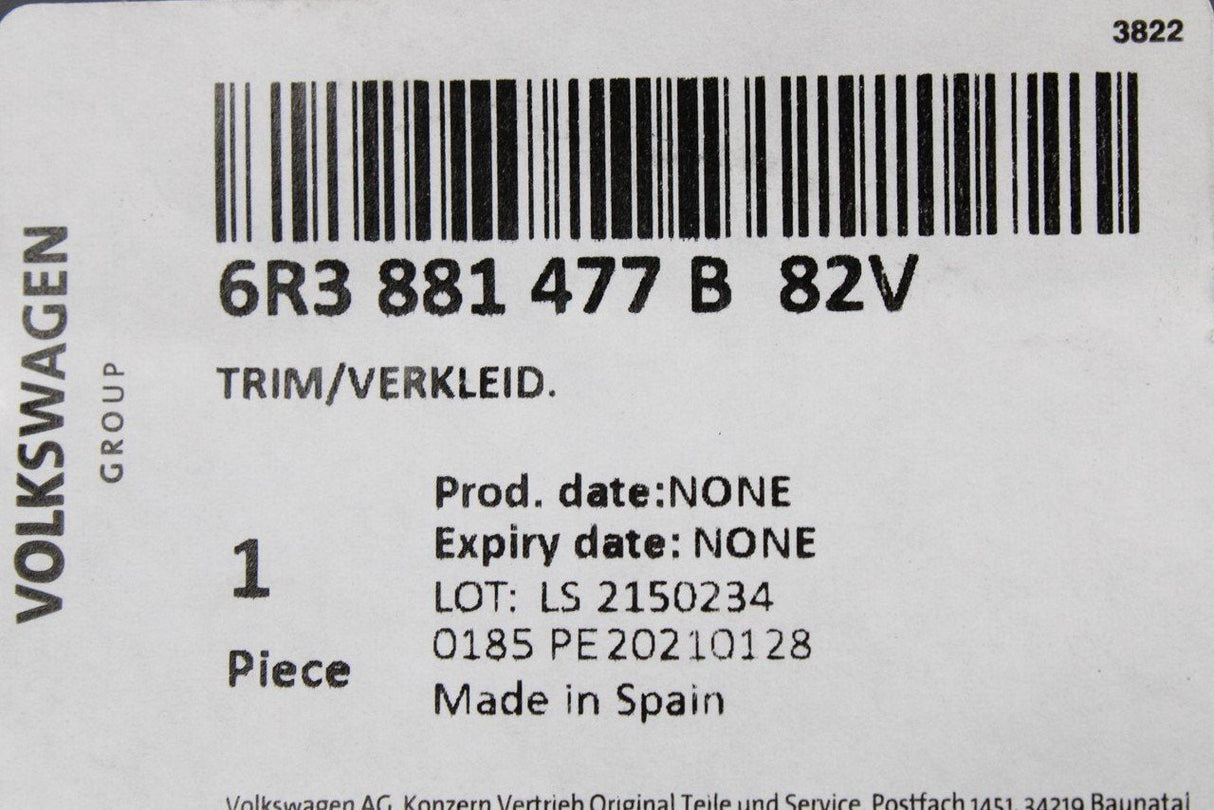 VW Polo 6R 6C 2010-2018 seat back rest trim (left) 6R3881477B 82V
