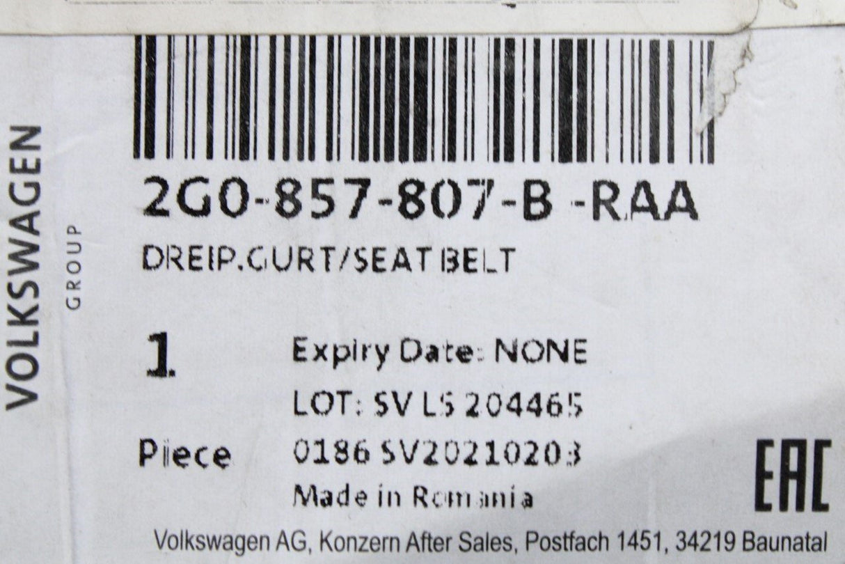 VW Polo AW 2018-on 3-point safety seat belt (centre rear) 2G0857807B RAA