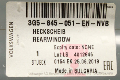VW Passat Saloon B8 2018-2024 rear window glass 3G5845051EN NVB