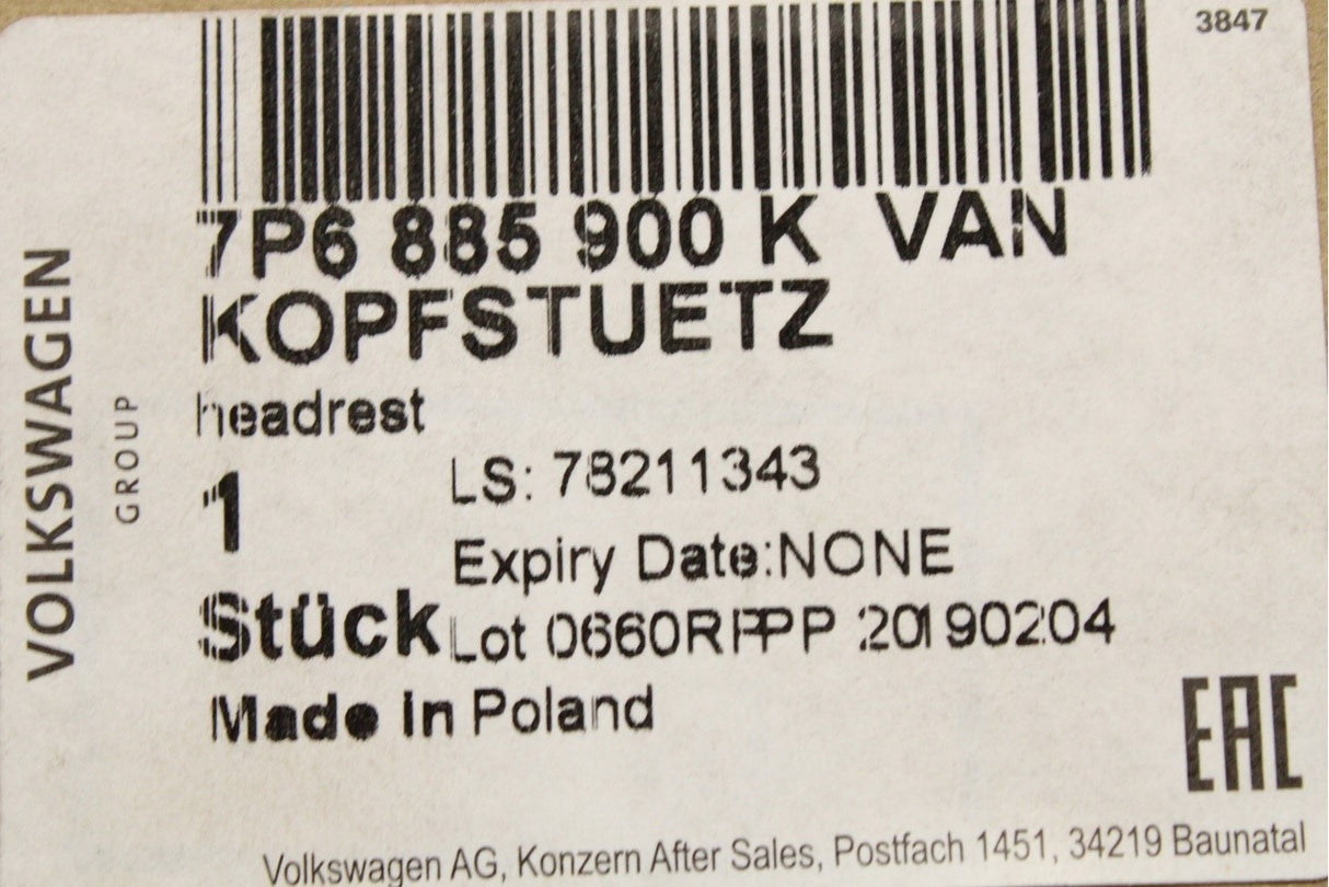 VW Touareg 2011-2018 head rest (rear centre) 7P6885900K VAN