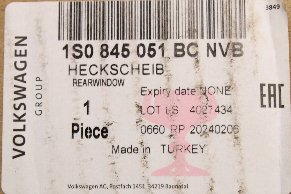VW Up e-Up 2017-2024 rear window glass 1S0845051BC NVB
