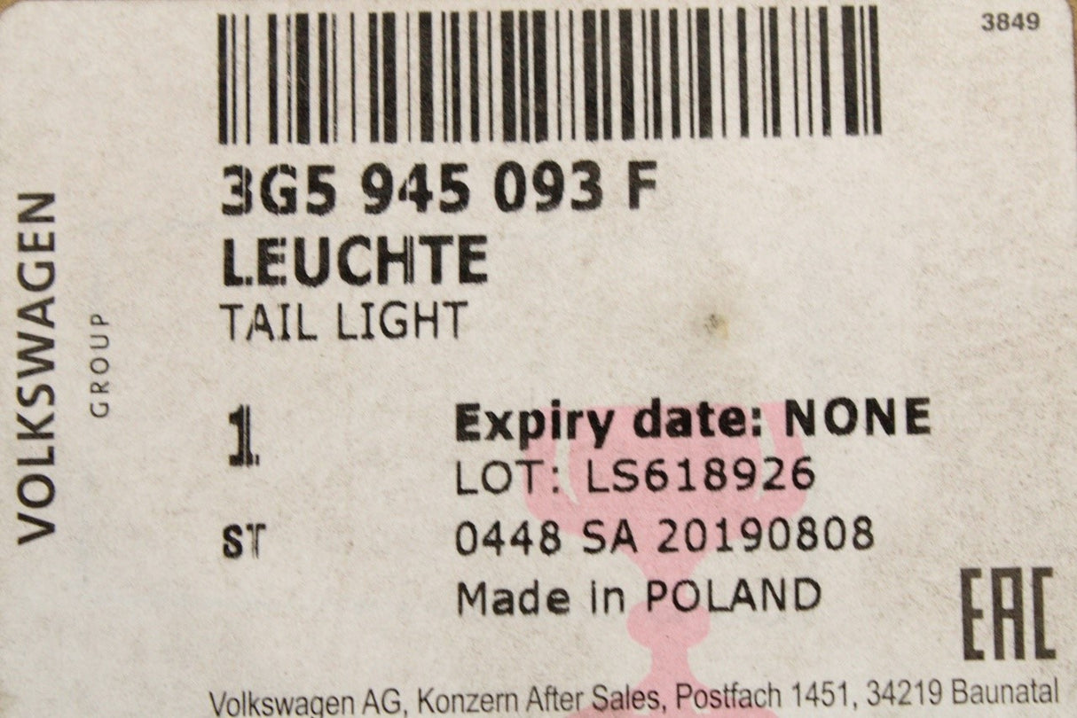 VW Passat B8 2018-2024 RHD LED tail light (inner left) 3G5945093F