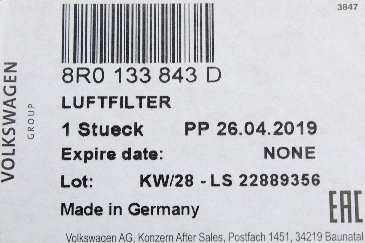 Audi A5 S5 Cabriolet 2010-17 Air filter element 2.0 TFSI 8R0133843D