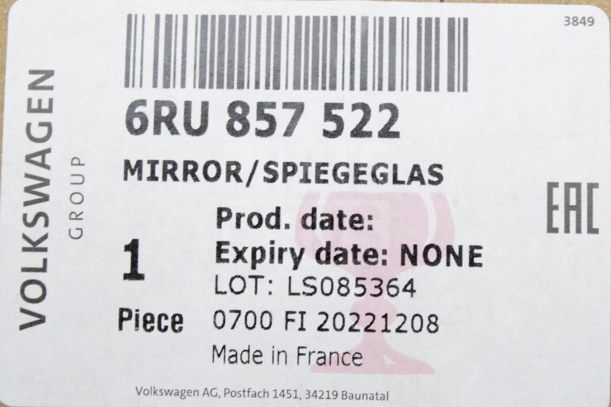 VW Up 2012-16 Skoda Citigo SEAT Mii wing mirror glass (right) 6RU857522