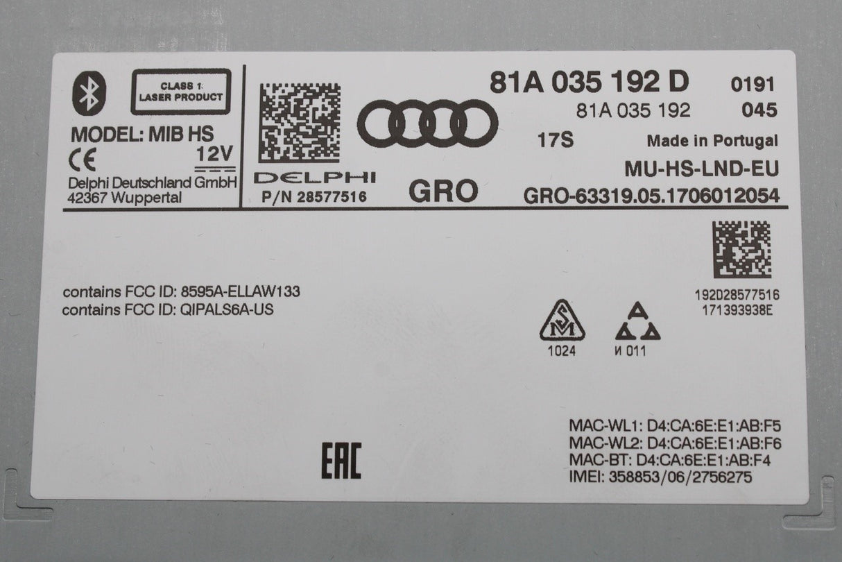 Audi A3 S3 RS3 2017-2020 Q2 17-on MIB multimedia control unit 81A035192D