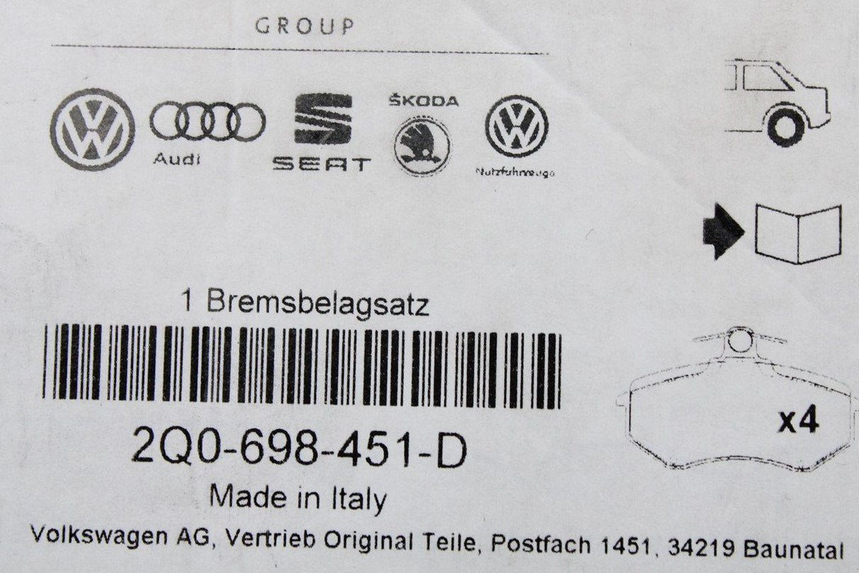 VW Polo GTI AW 18-on Audi A1 2019-on rear brake pads (270mm) 2Q0698451D