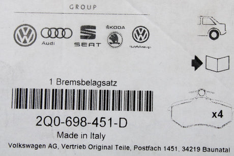 VW Polo GTI AW 18-on Audi A1 2019-on rear brake pads (270mm) 2Q0698451D