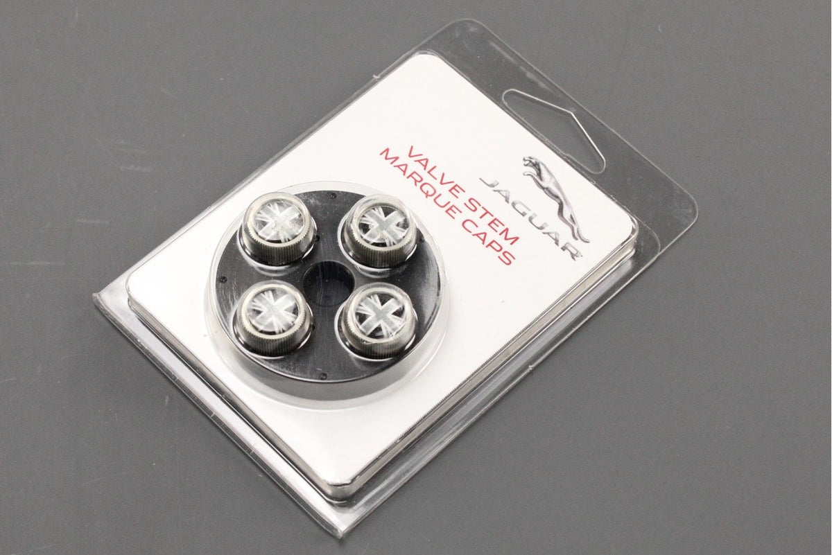 Jaguar union jack flag valve stem caps (black) C2D60780, view 1