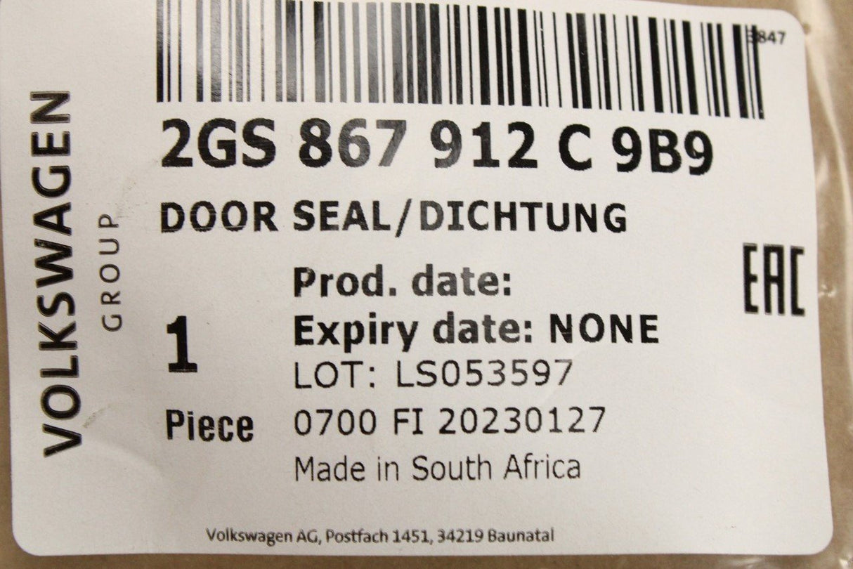 VW Polo AW 2018-on front inner door seal (right) 2GS867912C 9B9