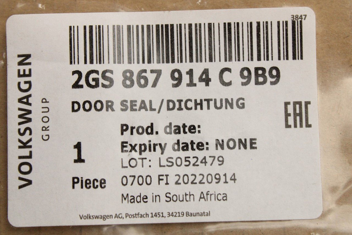 VW Polo AW 2018-on rear inner door seal (right) 2GS867914C 9B9