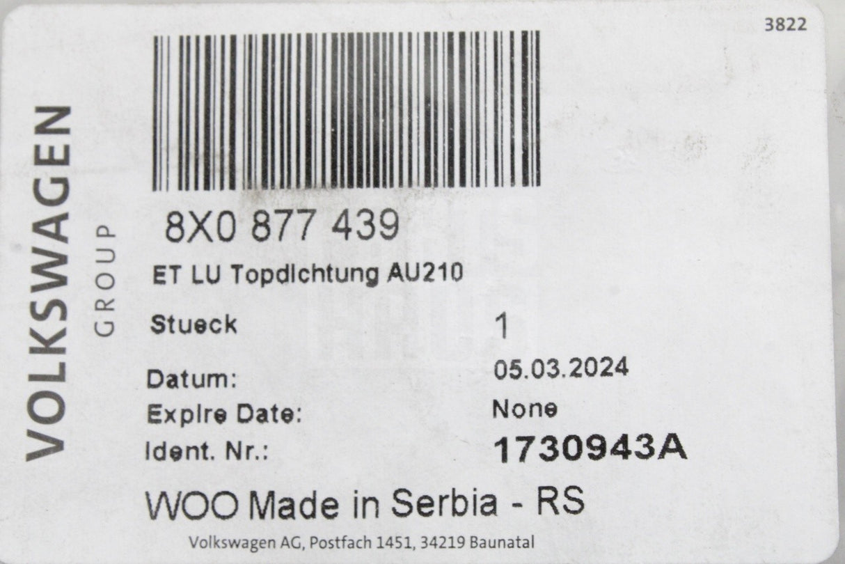VW Golf MK7 Up! Audi RS3 Skoda SEAT 2010-on inner sunroof seal 8X0877439
