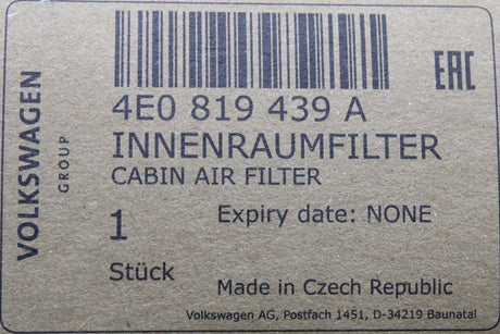 Audi A8 S8 2004-2010 cabin pollen filter element 4E0819439A