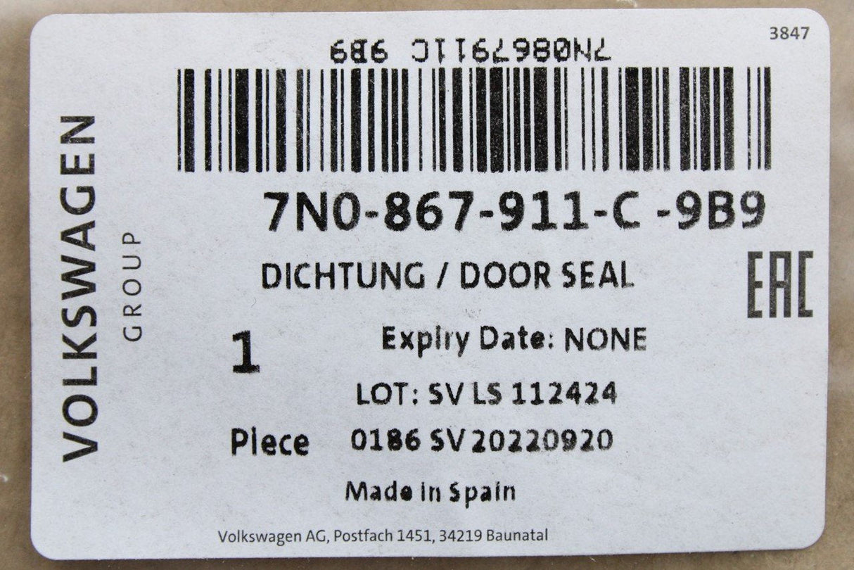 VW Sharan SEAT 2011-2021 inner door seal (front left) 7N0867911C 9B9