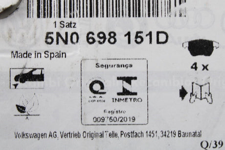 VW Tiguan 08-16 Audi Q3 12-18 front brake pads set (312mm) 5N0698151D