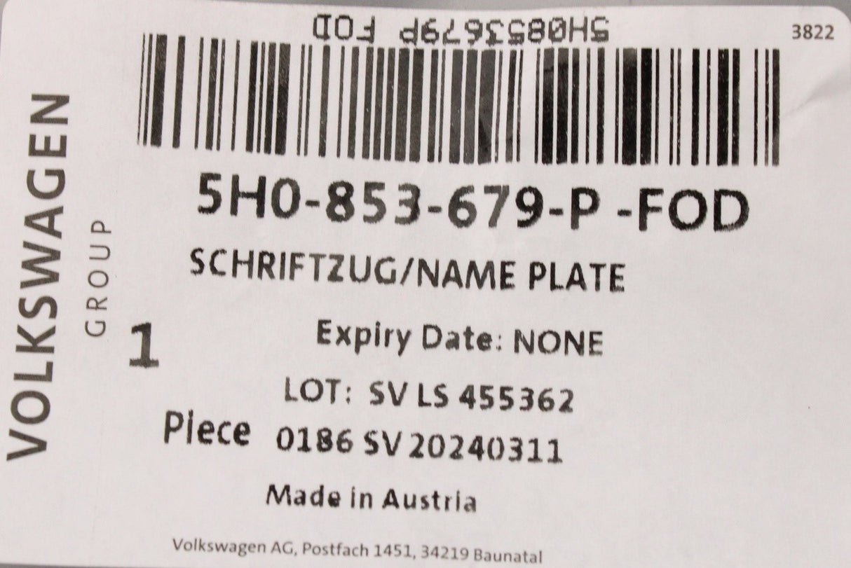 VW Golf MK8 2020-on R-Line front grille badge 5H0853679P FOD
