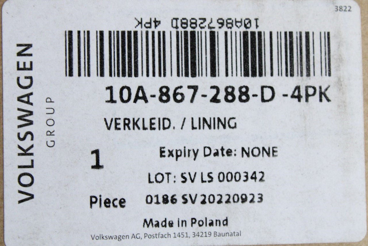 VW ID.3 2020-on C pillar trim black (upper right) 10A867288D 4PK