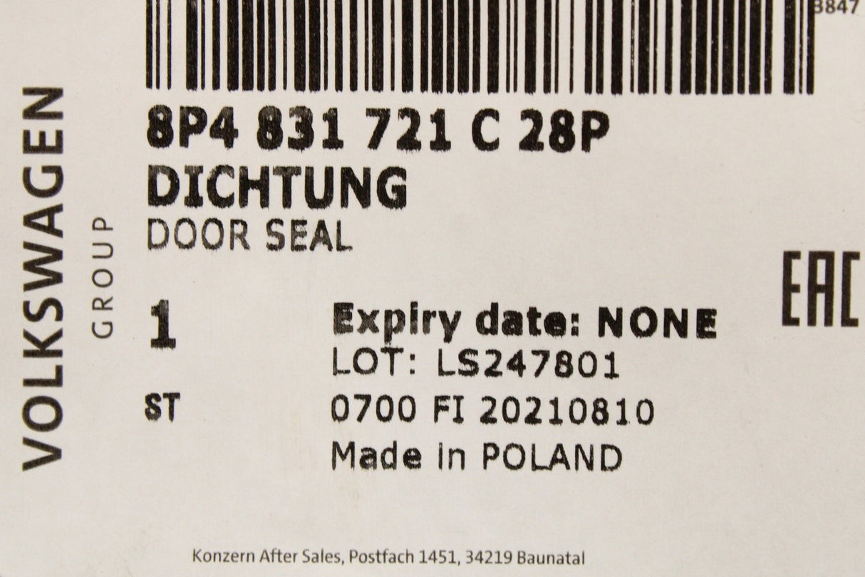 Audi A3 S3 RS3 Sportback 2004-2013 door seal (front) 8P4831721C 28P