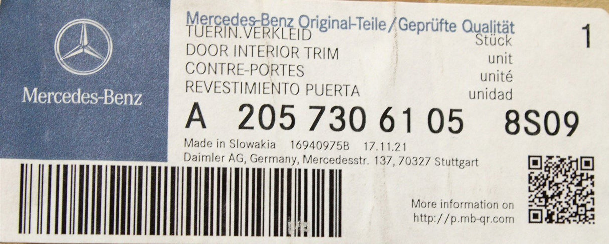 Mercedes-Benz C-Class rear door panel trim (left) A2057306105 8S09