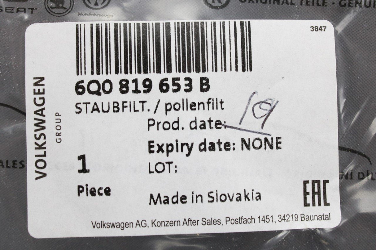 VW Polo 9N 9N3 Audi A1 A2 Fabia Ibiza cabin pollen filter 6Q0819653B