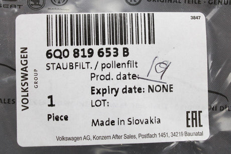 VW Polo 9N 9N3 Audi A1 A2 Fabia Ibiza cabin pollen filter 6Q0819653B