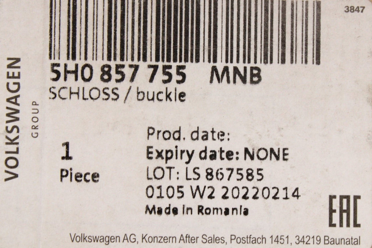 W Golf MK8 2020-on front safety seat belt buckle 5H0857755 MNB