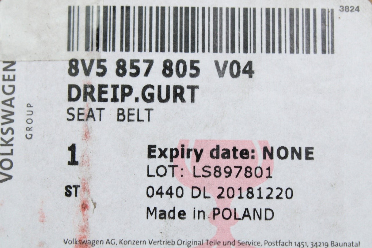 Audi A3 S3 RS3 8V 2013-2020 rear three point safety seat belt 8V5857805 V04