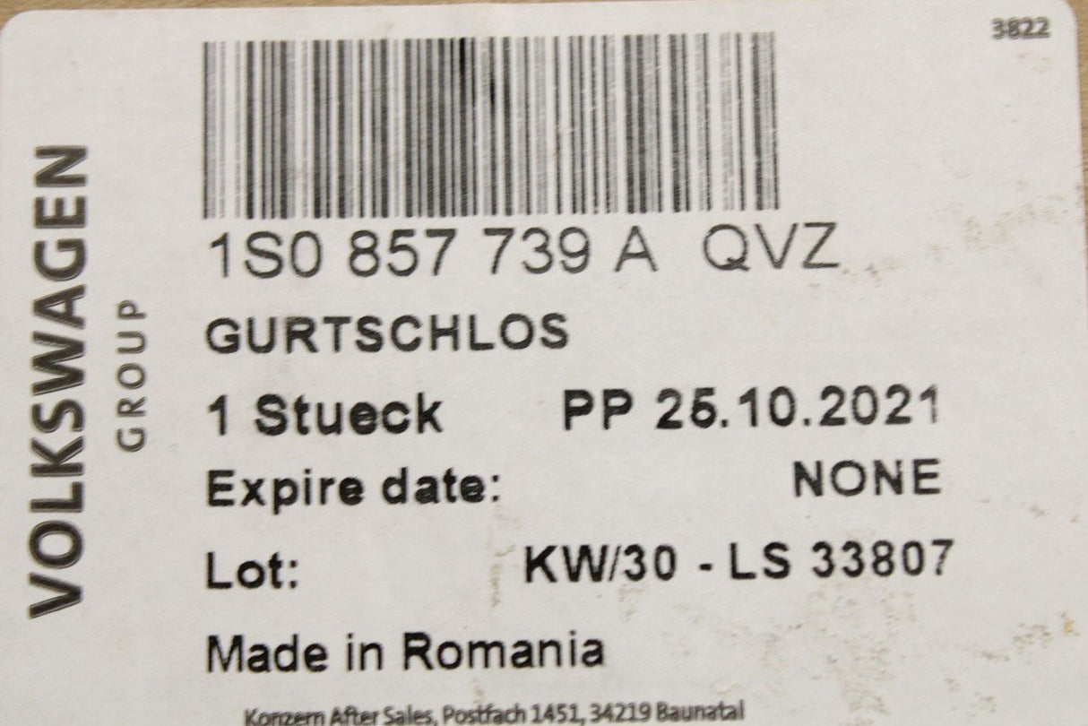 VW Up! Skoda SEAT Mii 2012-on seat belt latch (rear left) 1S0857739A QVZ