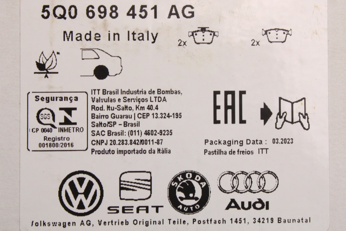 VW Jetta 2020-on Audi TT 2015-2024 brake pads (rear) 5Q0698451AG