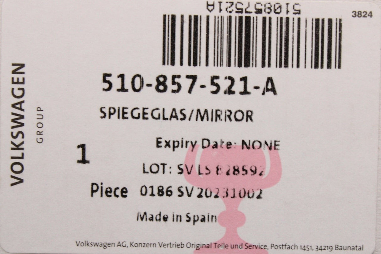VW Touran 2016-on Golf SV 14-20 RHD wing mirror glass (left) 510857521A