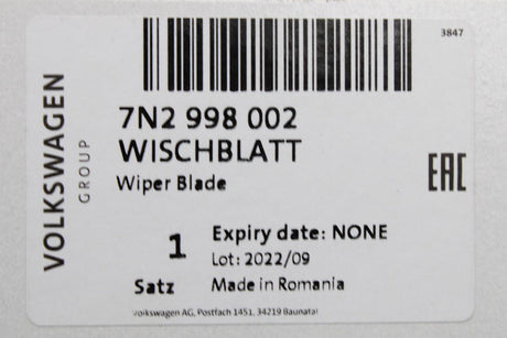 VW Sharan 2011-20 SEAT Alhambra front wiper blade set (RHD) 7N2998002