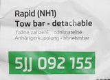 Skoda Rapid Spaceback 2013-2022 accessory detachable tow bar 5JJ092155