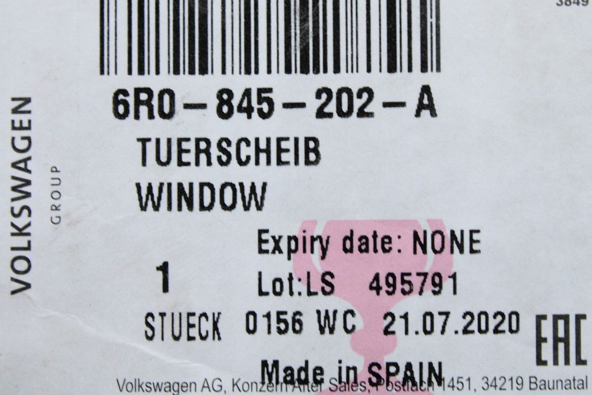VW Polo 6R 6C 2010-2018 door window glass (front, right) 6R0845202A