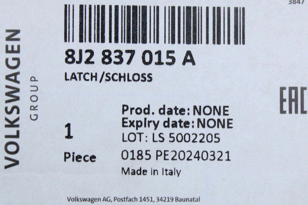 VW Touareg Audi A4 A5 Q3 Q5 RHD front door lock latch (left) 8J2837015A